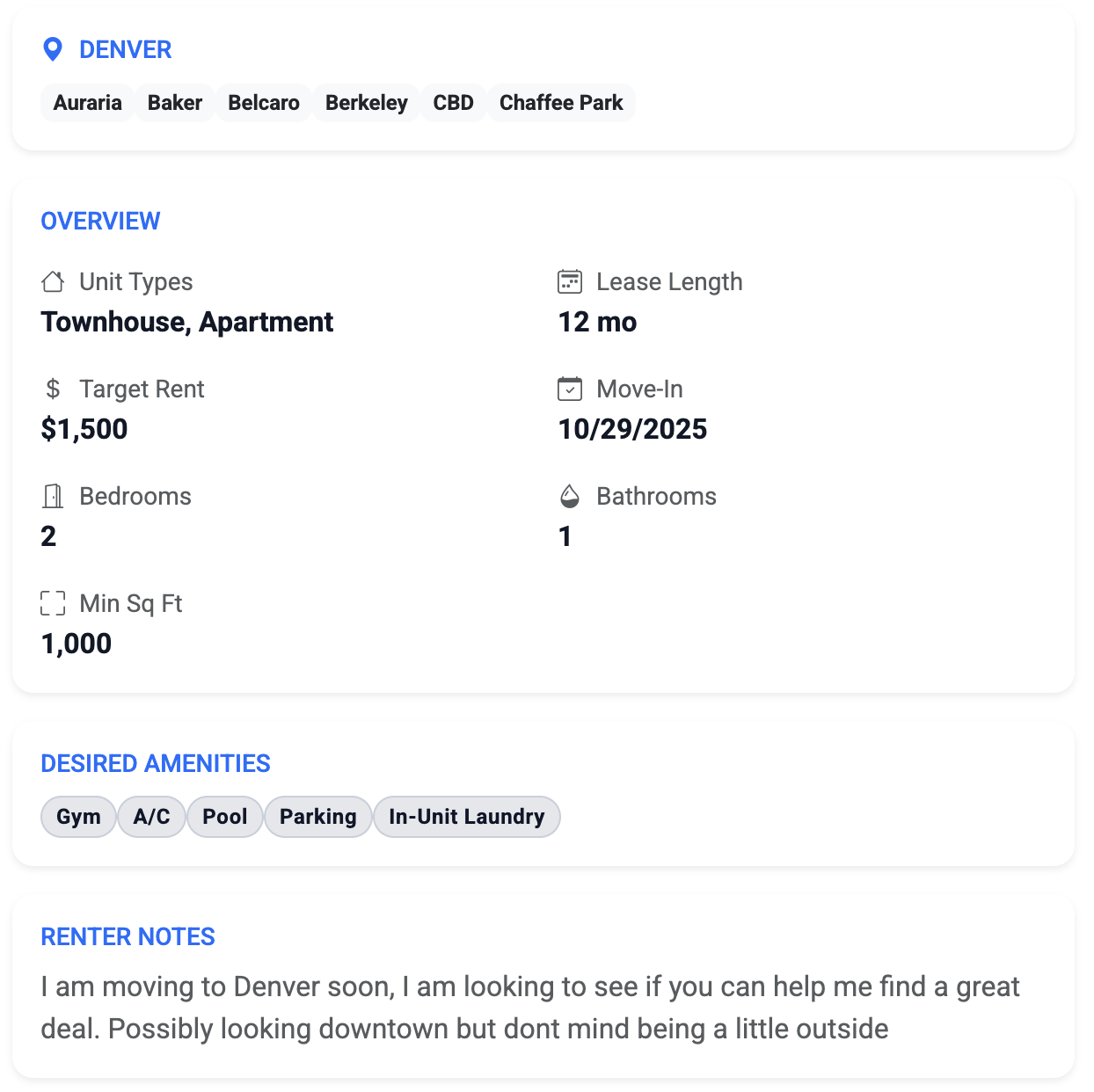 Example rental request showing renter preferences